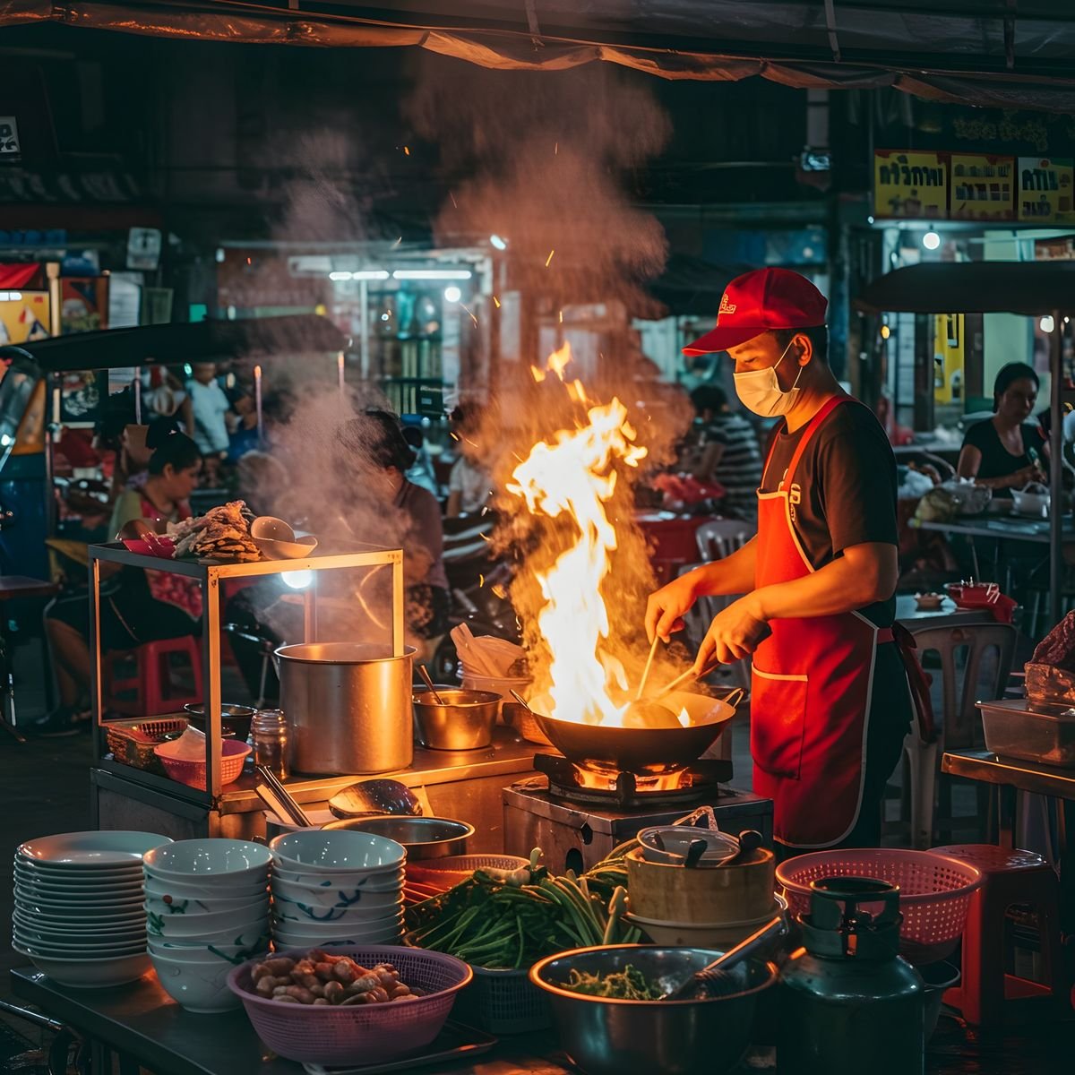 Comida callejera local servida en un puesto tradicional.